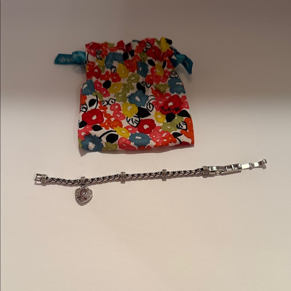 Brighton Silver Heart Charm Bracelet with Floral Drawstring Pouch - Multicolor